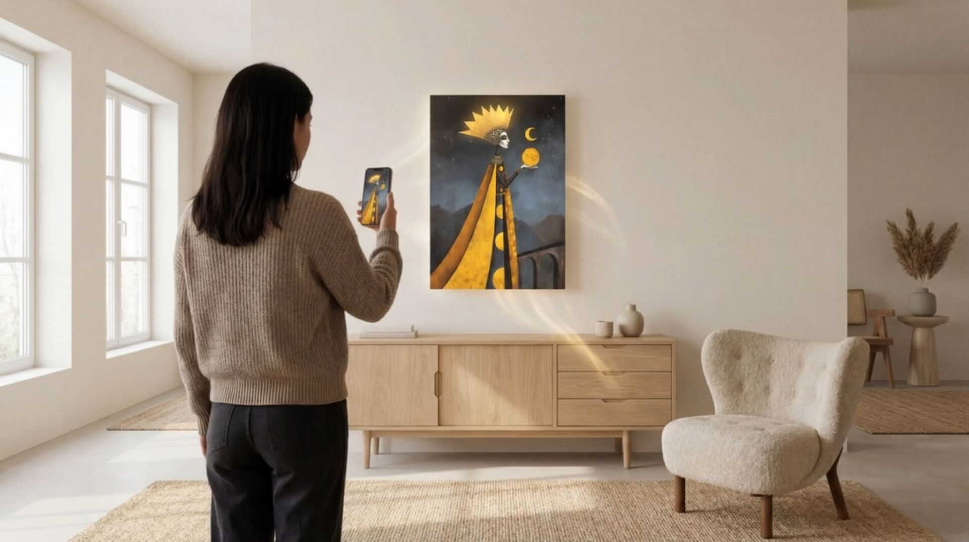 Visitor exploring an artwork at home
