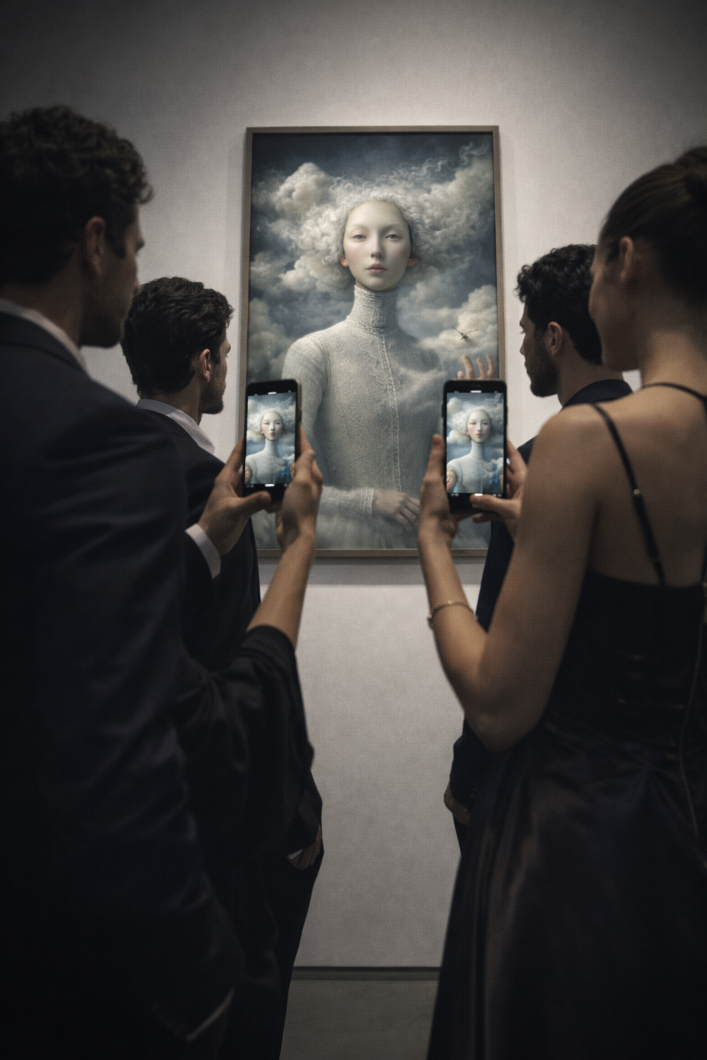 Visitors using their phones with an artwork